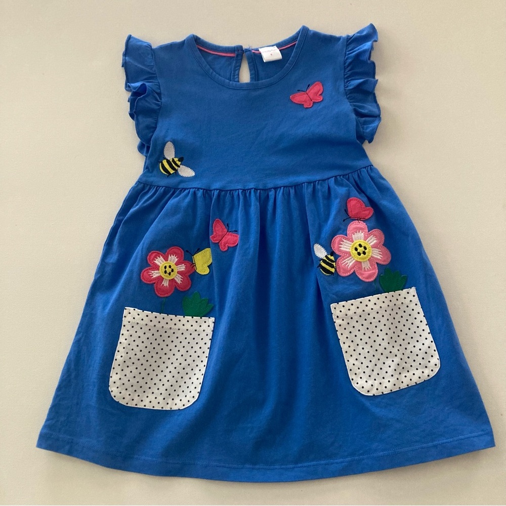 Penelope Plumm Girls 6 Blue Dress Flower Pockets Spring Summer
